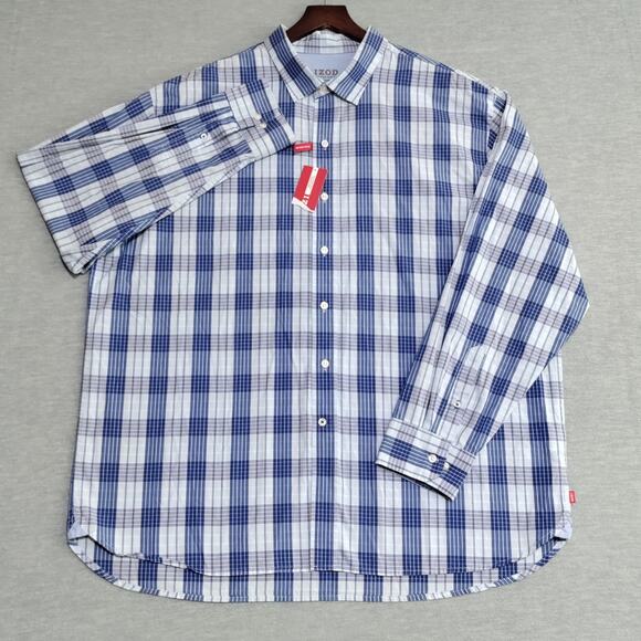 IZOD Light Weight Poplin Mens Shirt Size 2XL Blue Plaid Cotton Casual Preppy NWT - Picture 2 of 16